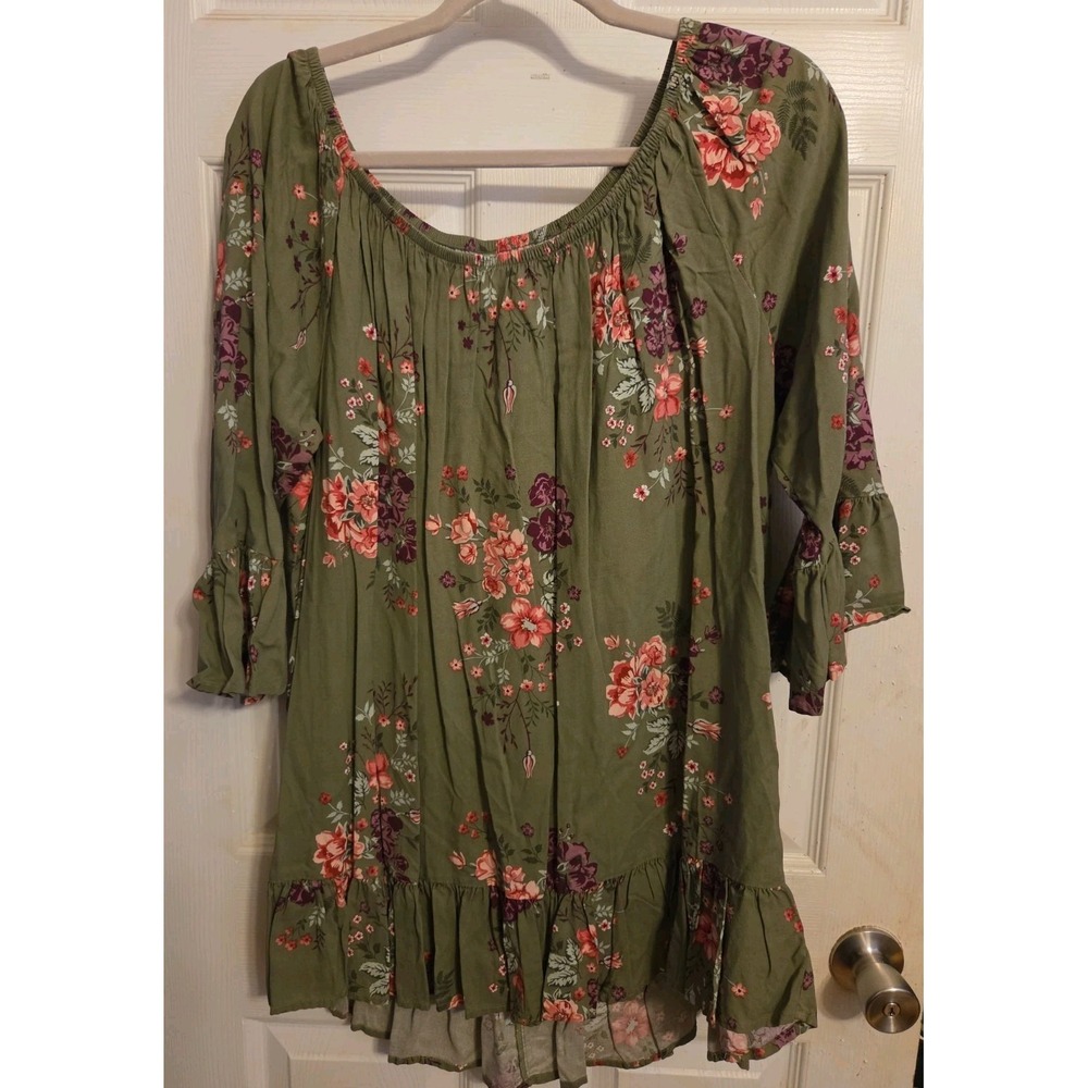 Terra & Sky Womens Blouse 1X(16/18W) Green Floral Blouse 3/4 Sleeve Tunic